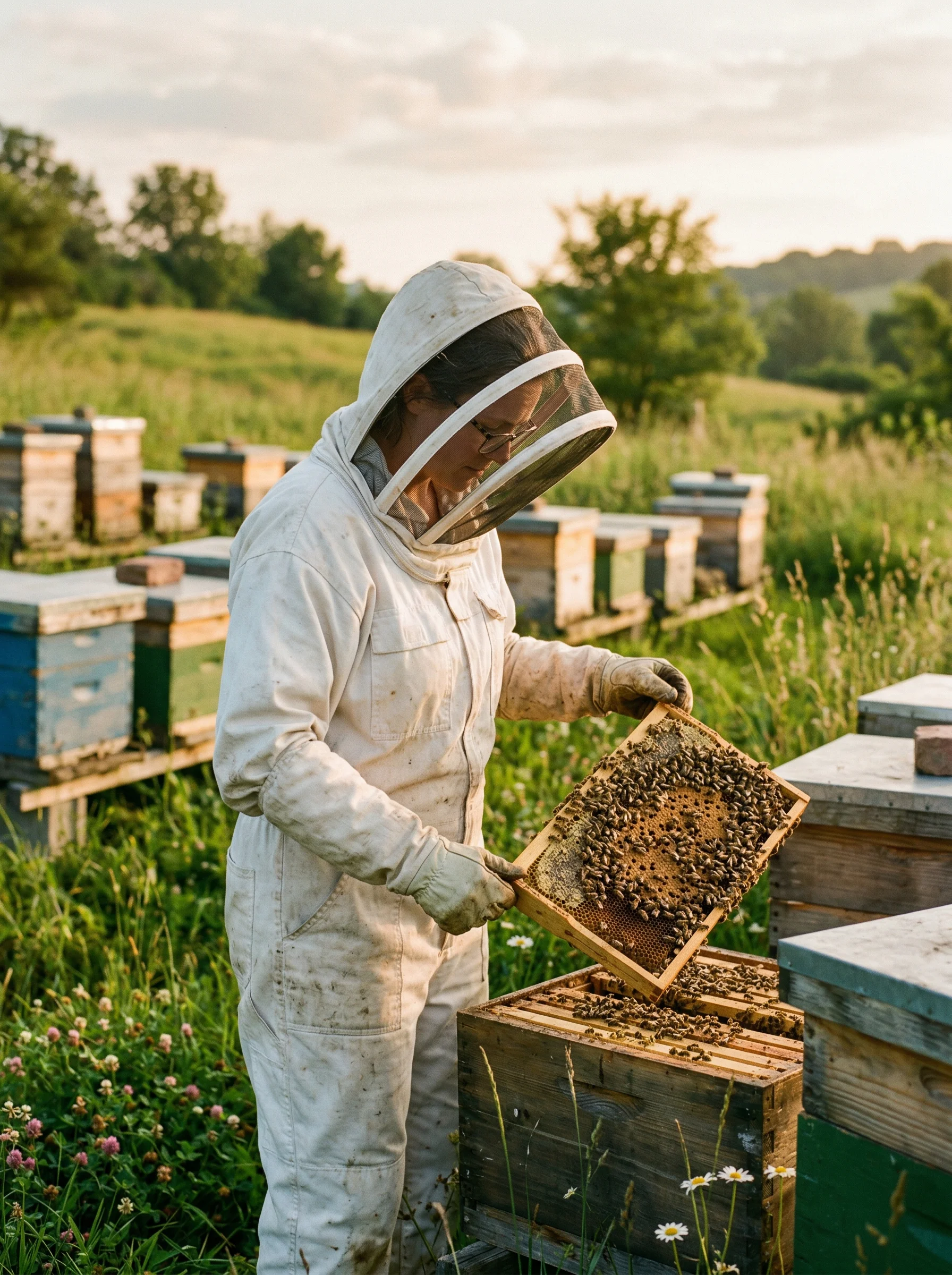 Pszczelarz inspekcjujący ramki w pasiece