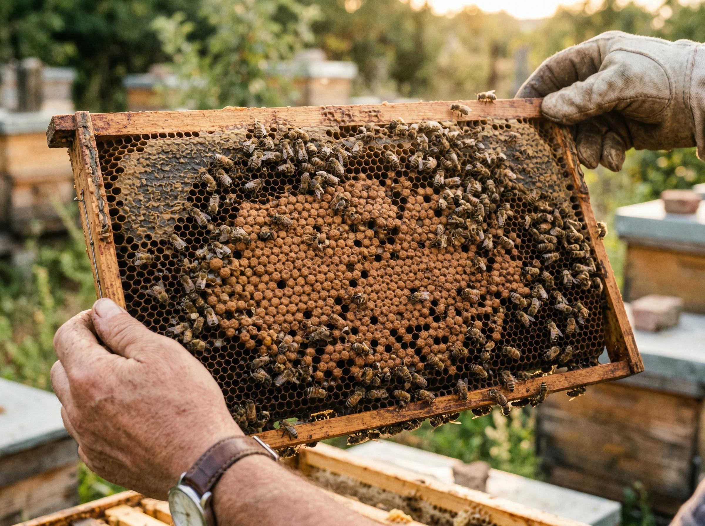 Ramka z czerwiem pszczelim trzymana przez pszczelarza
