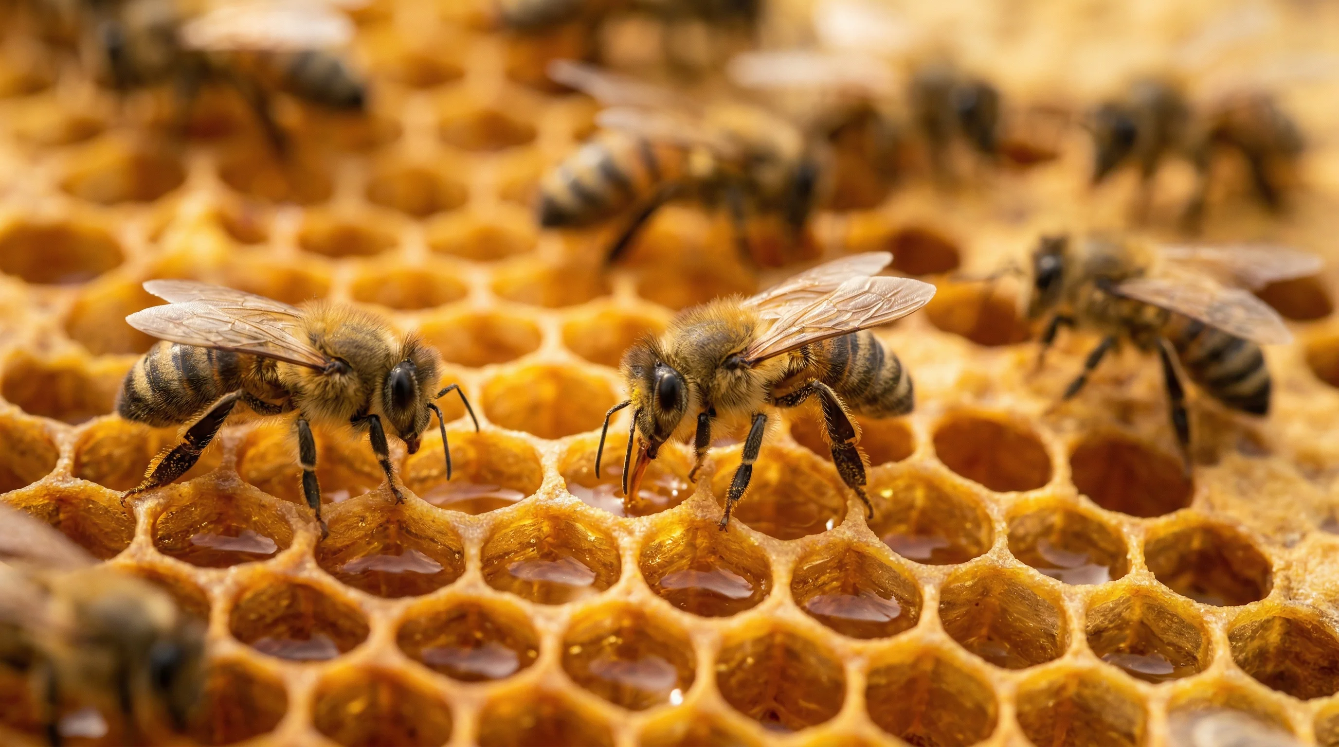 Pszczoły pracujące na złotym plastrze miodu